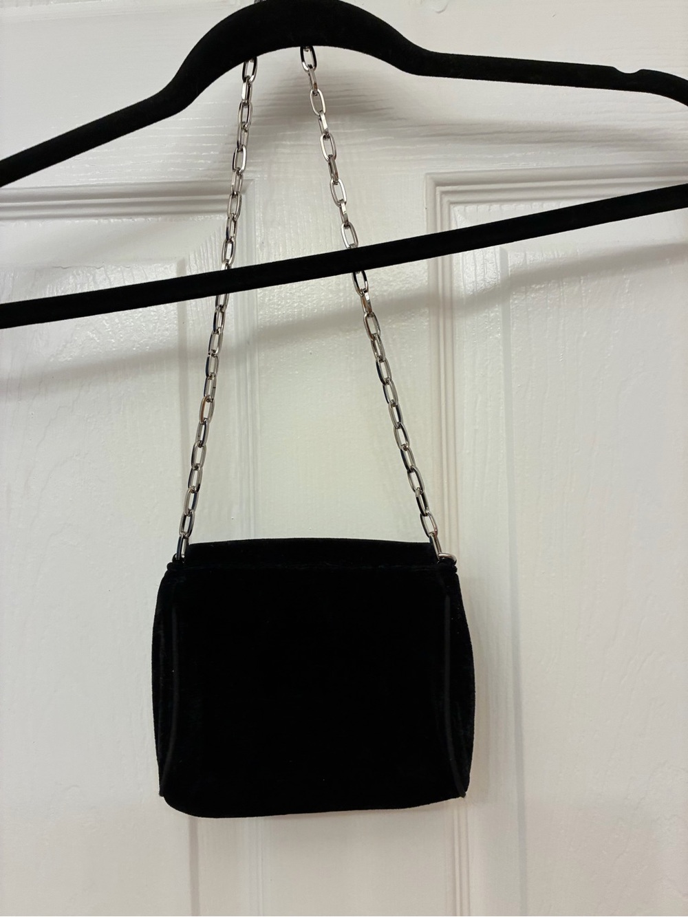 White House Black Market Black Velvet Mini Bag with Silver Chain